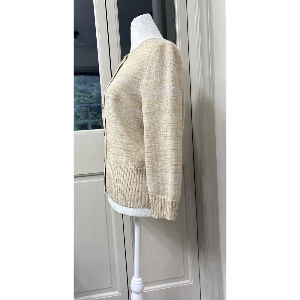 St. John Wool‎ Blend Metallic Gold Knit Cardigan Sweater Women's M Beige - Picture 3 of 10